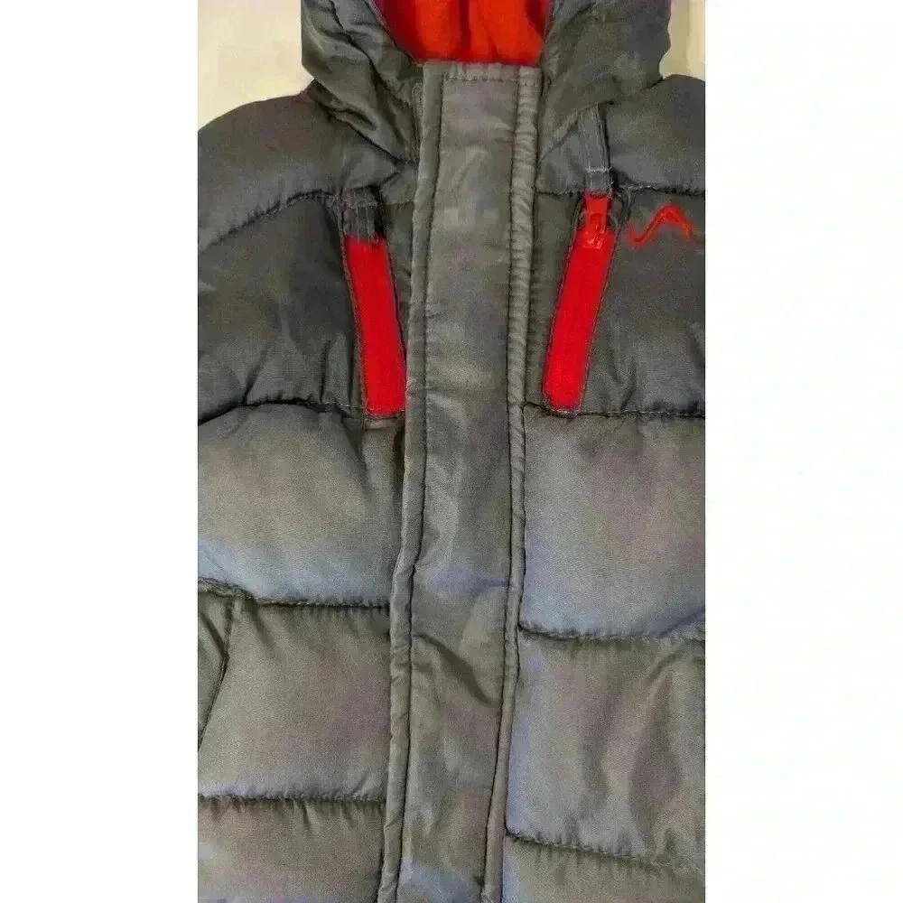 Vertical '9 Boys Lined Puffer Jacket Siz 18 Months Gray Red Hooded Pockets EUC